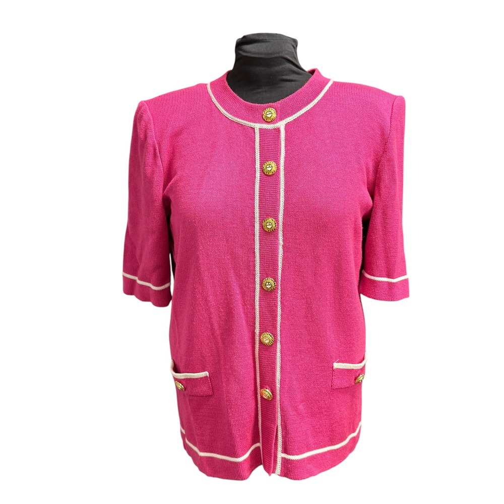 EPOC STEVEN Women's Pink Knit Cardigan Jacket Gold Buttons‎ Trimmed Size XL